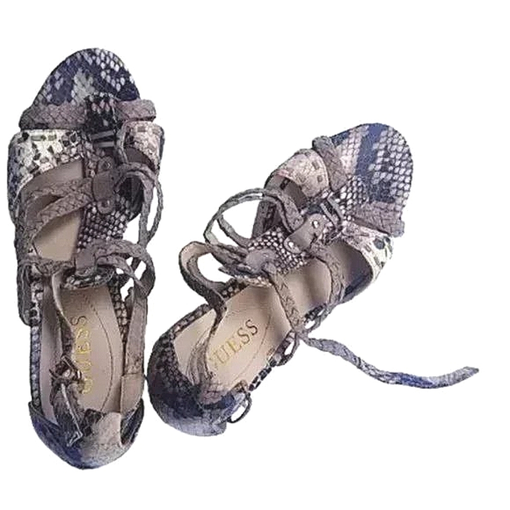 GUESS Sz 6 1/2M Cork Wedge Snake Print Boho Sandals 4 1/2" Heel Rise ♥️